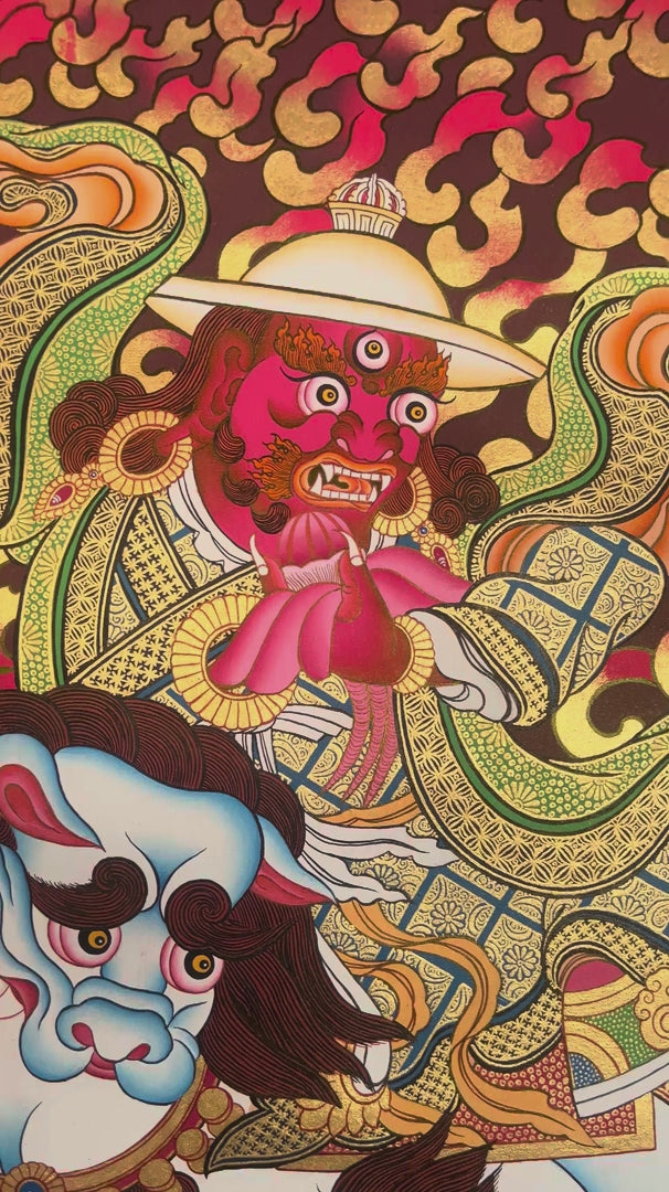 Dorje Drolö Thangka depicting the wrathful manifestation of Guru Rinpoche riding a white tigress amidst wisdom flames and sacred clouds.