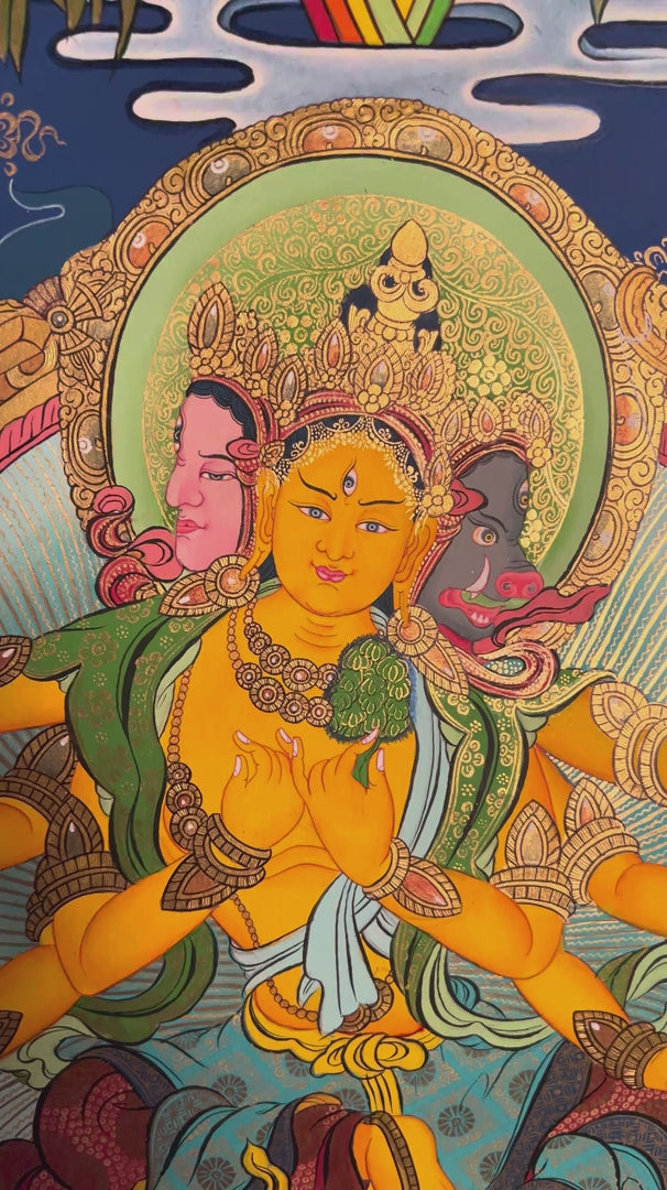Marichi Tibetan Buddhist Thangka painting with seven pig chariot, hand painted in Nepal