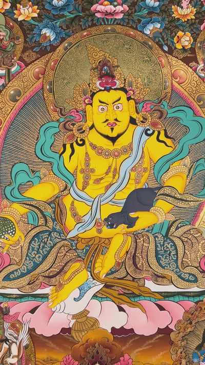 Hand-painted Yellow Zambhala thangka featuring the wealth deity holding a mongoose, seated on a lotus with rich ornaments and vibrant colors.