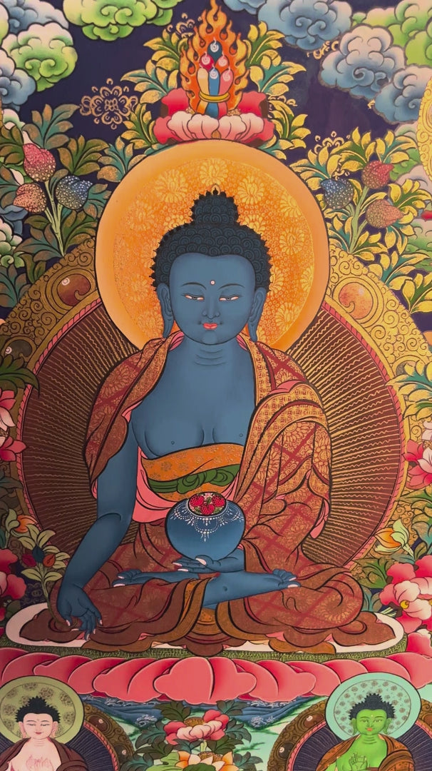 Medicine Buddha Thangka painting featuring blue Bhaisajyaguru with Buddhist figures, lotus flowers and traditional Himalayan Buddhist artwork from Nepal