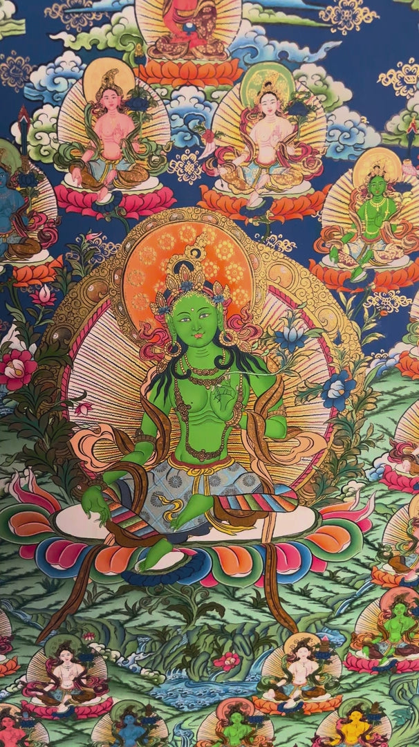 21 Tara Thangka painting featuring Green Tara surrounded by the Twenty-One Taras in traditional Tibetan Buddhist art from Nepal
