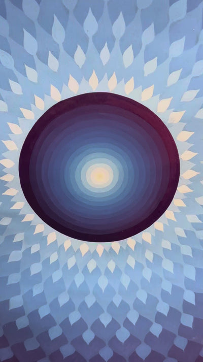 Blue Lotus Mandala Thangka painting with layered blue and purple petals, golden-yellow accents, a central blue circle, and a dark background, 70 x 70 cm