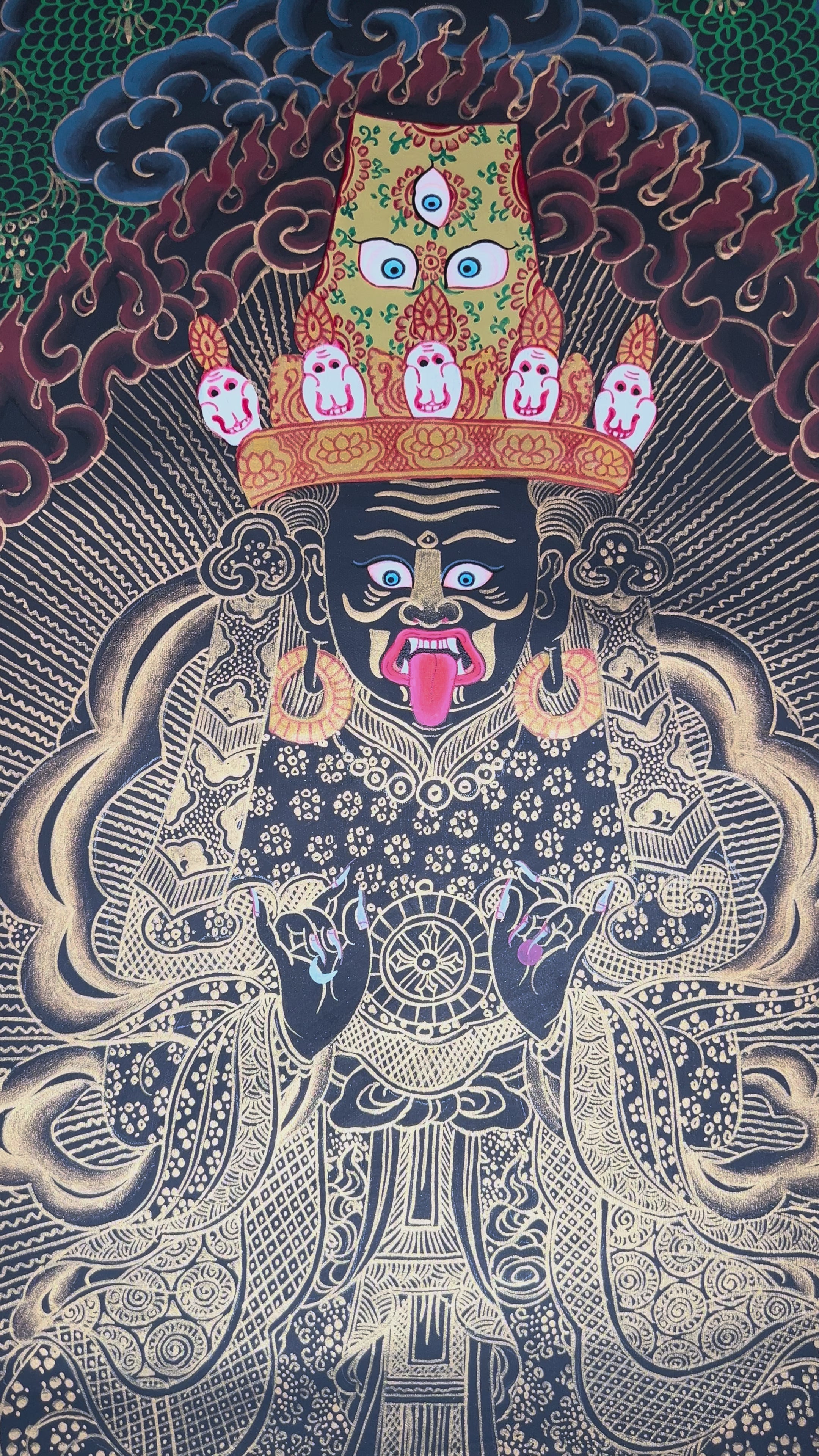 Hand-painted Black Gold Tibetan thangka featuring Zajhi Lhamo, a wrathful Buddhist protector deity surrounded by sacred flames and ornate gold detailing