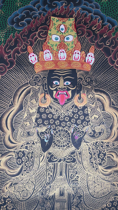 Hand-painted Black Gold Tibetan thangka featuring Zajhi Lhamo, a wrathful Buddhist protector deity surrounded by sacred flames and ornate gold detailing