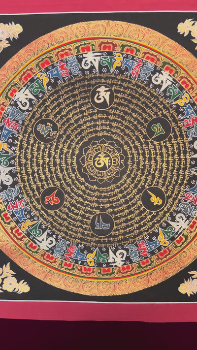 Multicolor Tibetan mantra mandala with five wisdom colors and gold script on black background.