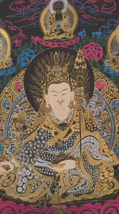 black and gold Guru Rinpoche thangka featuring Padmasambhava seated on a lotus throne surrounded by Buddhas, bodhisattvas