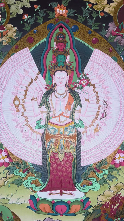 Avalokeshwor thangka featuring Thousand-Armed Chenrezig standing on a lotus throne surrounded by sacred Buddhist figures and symbolic imagery