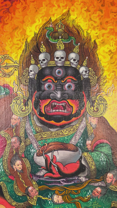 Hand-painted Mahakala oil painting featuring the wrathful Tibetan Buddhist protector deity surrounded by blazing wisdom flames and sacred symbolism.