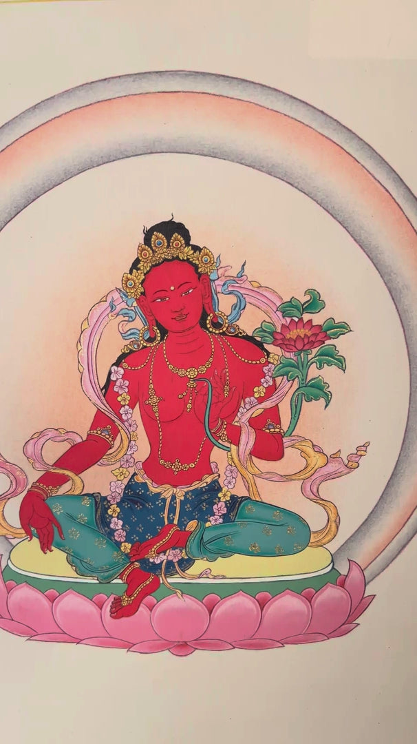 Red Tara Tibetan Buddhist thangka featuring red goddess seated on pink lotus throne holding lotus flower