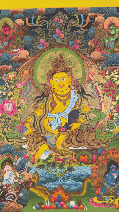 Hand-painted Yellow Zambhala thangka with flowing landscape, wealth deity holding mongoose, and detailed floral background.