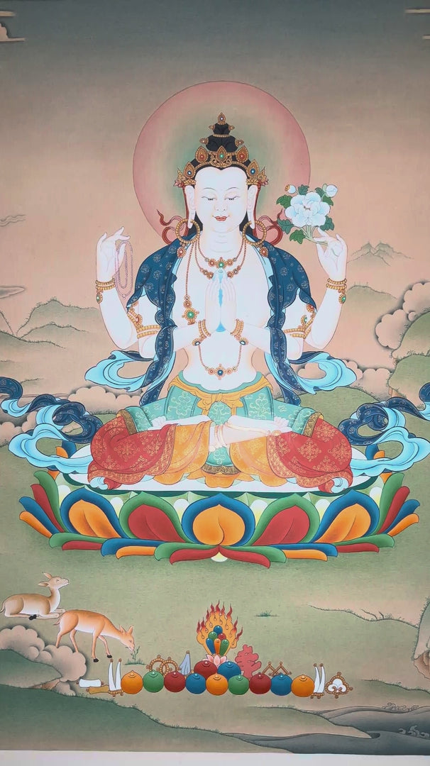 Chenrezig thangka featuring four-armed Avalokiteshvara seated on a lotus throne holding prayer beads and lotus flower