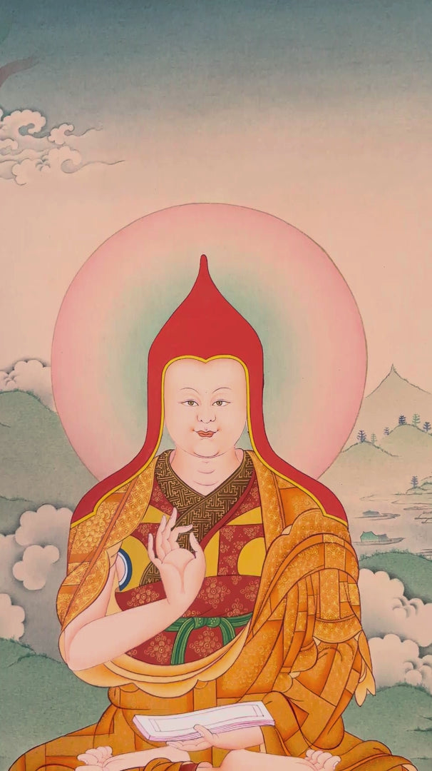 Hand-painted Tibetan thangka featuring Je Tsongkhapa seated on a lotus throne with disciples and Manjushree in a peaceful Himalayan landscape