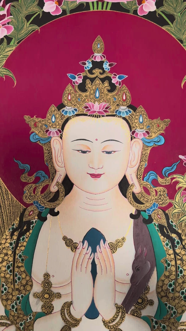 Hand-painted Four-Armed Chenrezig Thangka featuring Avalokiteshvara with the Five Dhyani Buddhas, Manjushri, Mahakala, natural mineral pigments, and gold detailing.