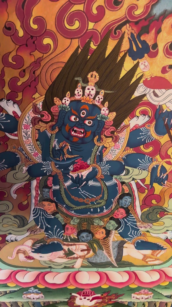 Mahakala Thangka painting depicting the blue Buddhist protector surrounded by sacred flames, lotus details and Himalayan landscape in traditional Tibetan Buddhist art from Nepal