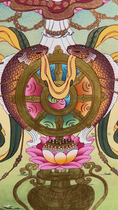 Ashtamangala Buddhist Thangka painting with an ornate golden Dharma Wheel, decorative parasol, and lotus pedestal