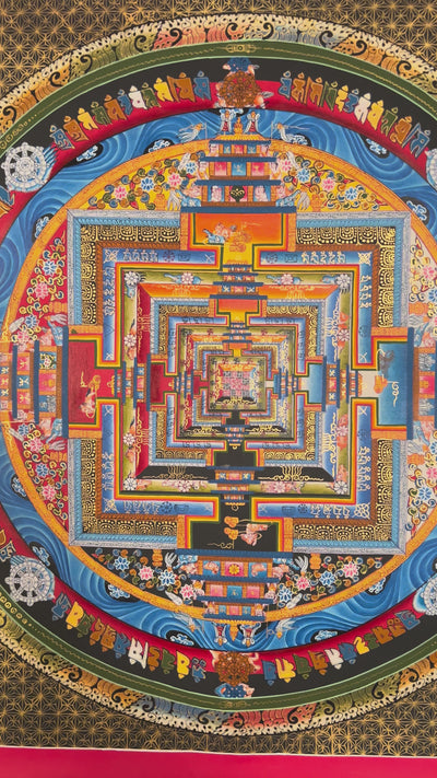 Hand painted Kalachakra Mandala thangka depicting intricate Tibetan Wheel of Time sacred geometry in symmetrical palace design