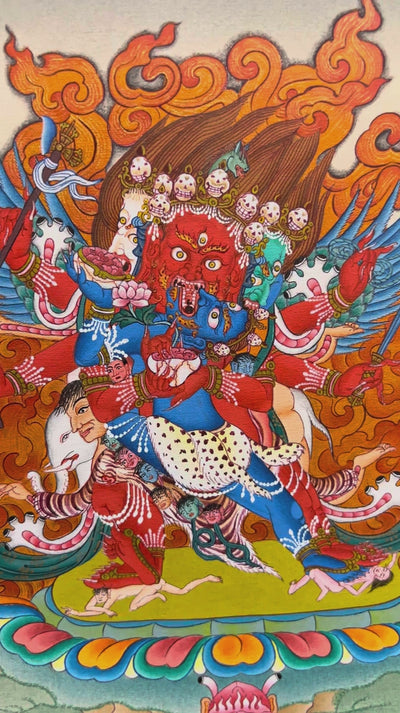 Hayagriva Thangka painting featuring a multi-faced wrathful Buddhist deity surrounded by blazing flames, a colorful lotus throne, and Himalayan landscape details, 30 x 23 cm