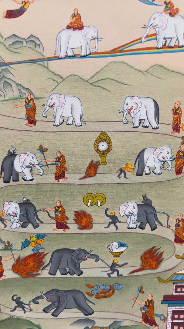 Way to Heaven Thangka painting featuring elephants, Buddhist monks, winding mountain paths, symbolic flames, and traditional Himalayan scenery, 30 x 23 cm
