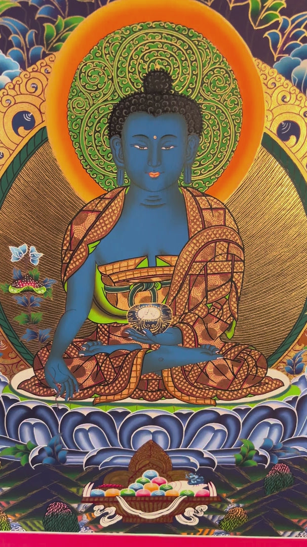 Hand painted Medicine Buddha Thangka painting depicting the blue Medicine Buddha seated on a lotus throne in traditional Nepalese Buddhist art