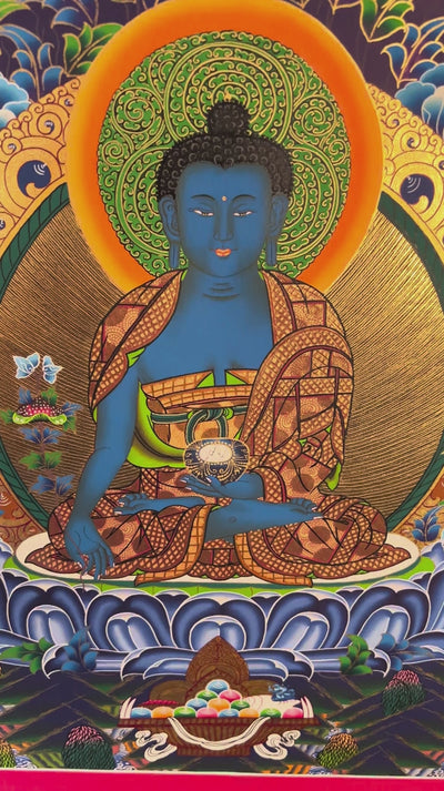 Hand painted Medicine Buddha Thangka painting depicting the blue Medicine Buddha seated on a lotus throne in traditional Nepalese Buddhist art