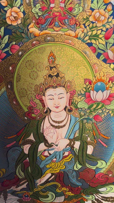Hand painted Fusen Fusa Thangka painting depicting Fusen Fusa seated on a white elephant surrounded by flowers and Buddhist figures