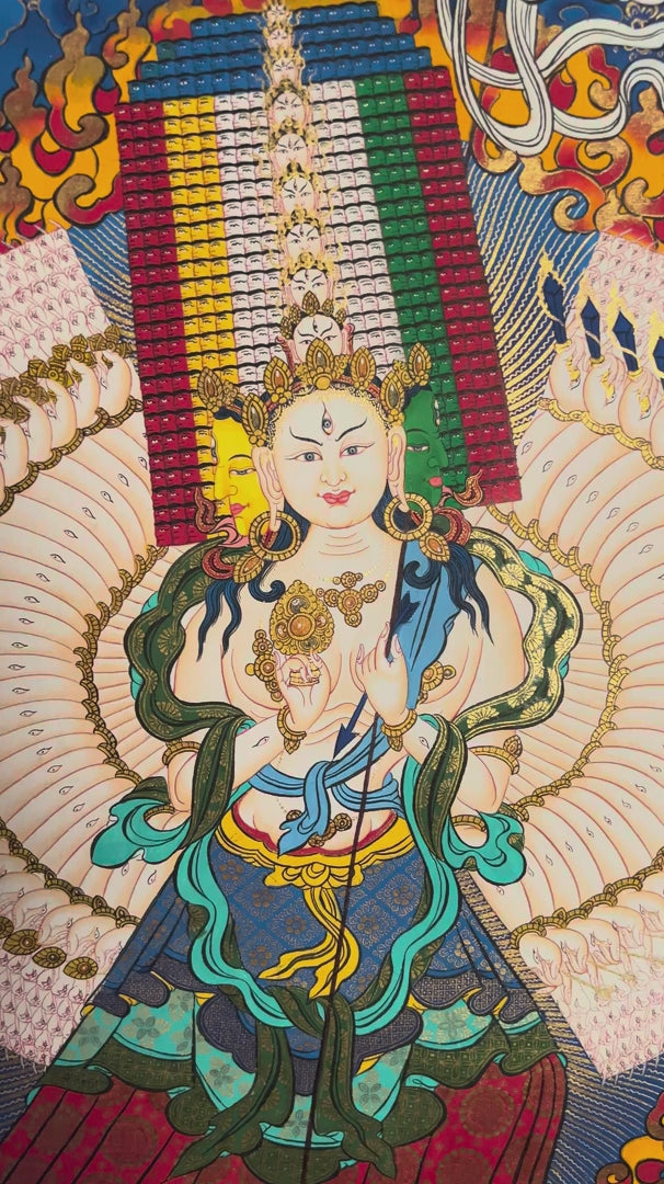 Hand painted Dhukkar Thangka painting featuring multiple arms, sacred figures, ornate halos, and traditional Himalayan Buddhist artwork
