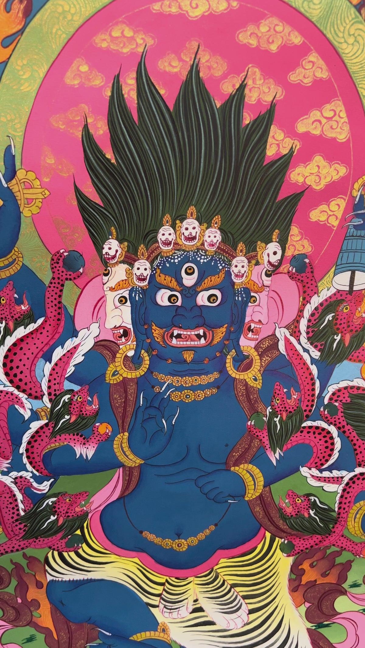 Akash Bhairav Thangka painting featuring a fierce blue deity surrounded by blazing orange flames and a detailed Himalayan landscape, 75 x 50 cm