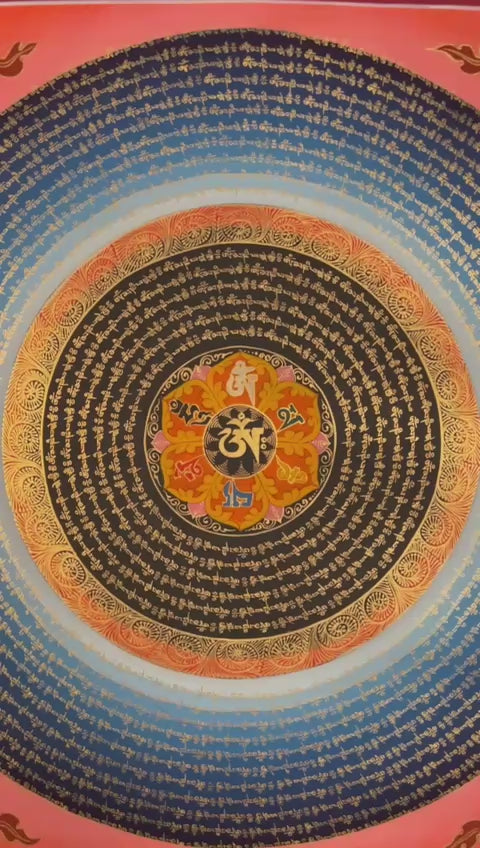 Hand-painted Mantra Mandala Thangka with concentric golden Tibetan mantra inscriptions, central seed syllable, and traditional auspicious motifs on coral background.