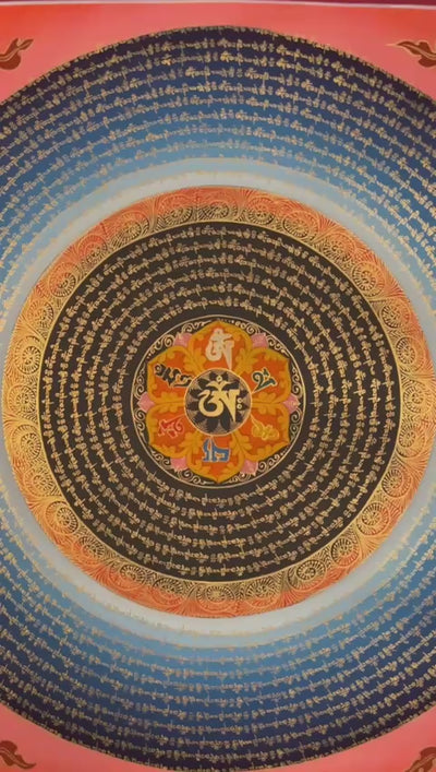 Hand-painted Mantra Mandala Thangka with concentric golden Tibetan mantra inscriptions, central seed syllable, and traditional auspicious motifs on coral background.