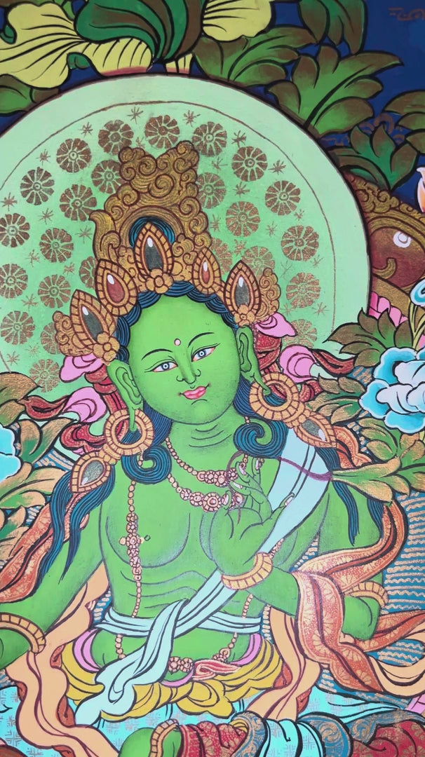 Hand-painted Green Tara Brocade Thangka mounted in traditional Tibetan silk brocade, handcrafted in Nepal for Buddhist meditation, altar decoration, and sacred wall décor.