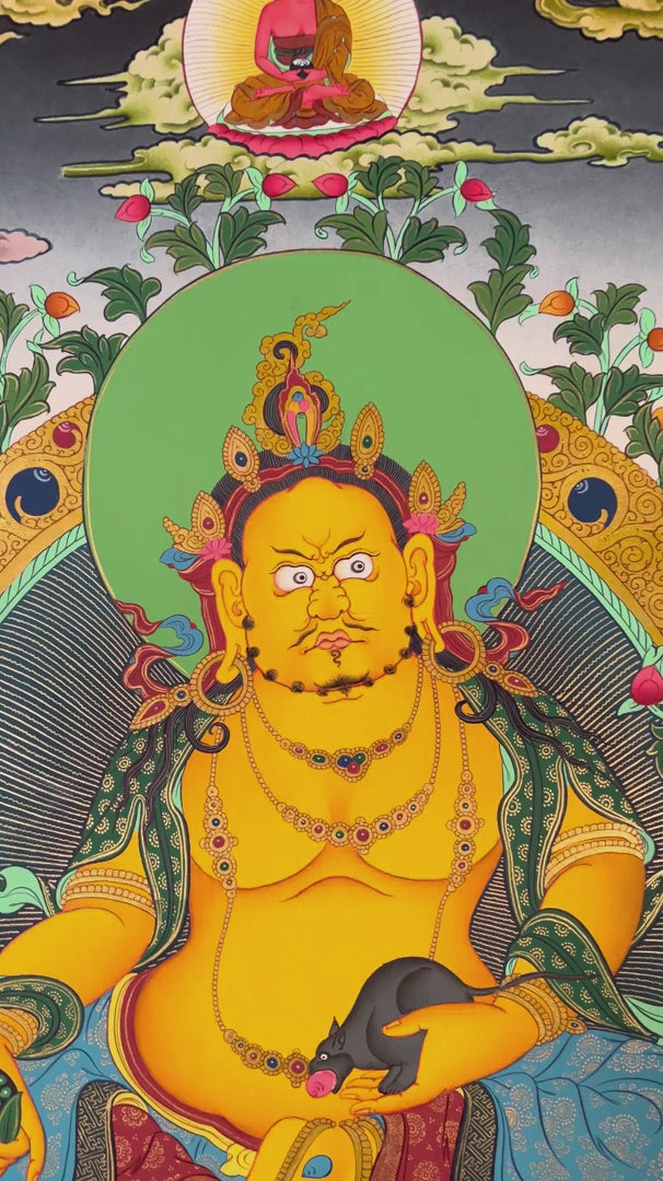 Zambhala thangka featuring the Buddhist deity of wealth holding a mongoose spitting jewels surrounded by sacred prosperity symbols