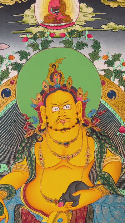 Zambhala thangka featuring the Buddhist deity of wealth holding a mongoose spitting jewels surrounded by sacred prosperity symbols