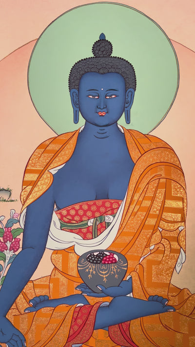 Medicine Buddha thangka showing a blue Buddha seated on a lotus holding a healing bowl, with a calm halo and peaceful landscape.