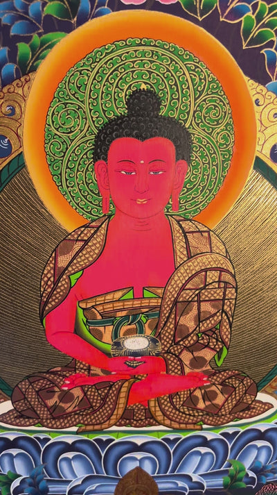 Hand painted Amitabha Buddha Thangka painting depicting Amitabha seated on a lotus throne with intricate traditional Nepalese Buddhist artwork