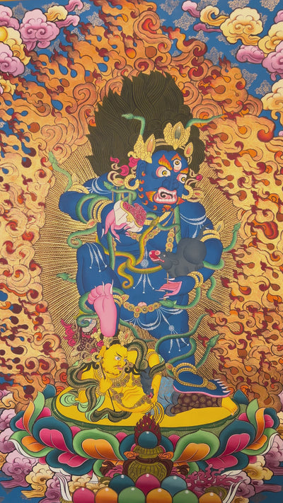 Hand-painted Black Zambhala thangka with wrathful blue deity, flames, mongoose, and subdued figure.