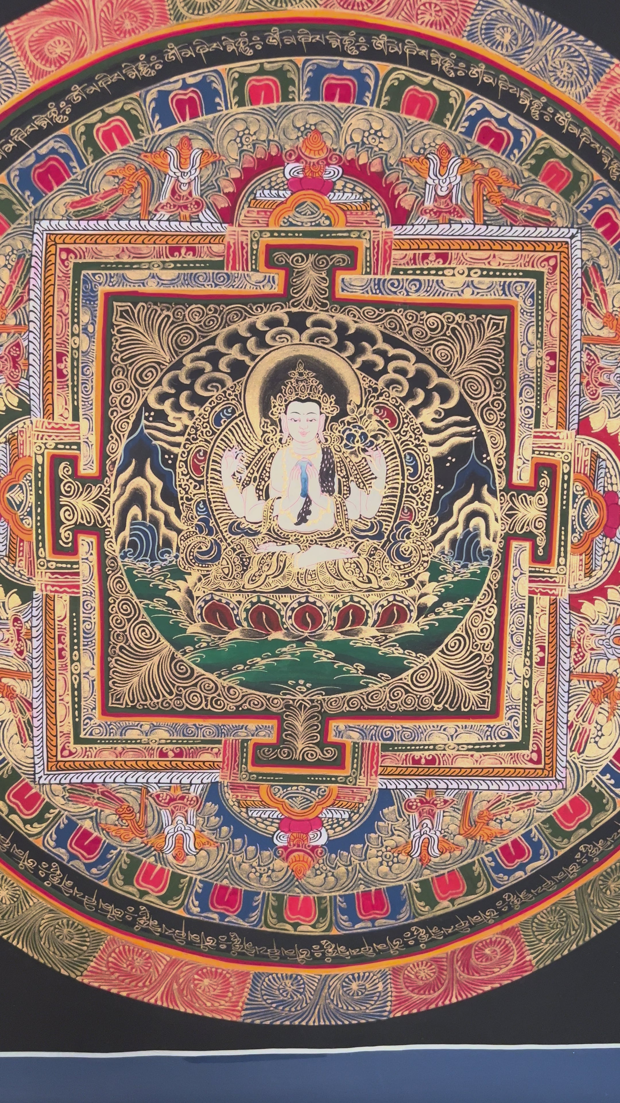 Hand painted Chenrezig Mandala thangka depicting Avalokiteshvara seated within sacred geometric palace on dark background