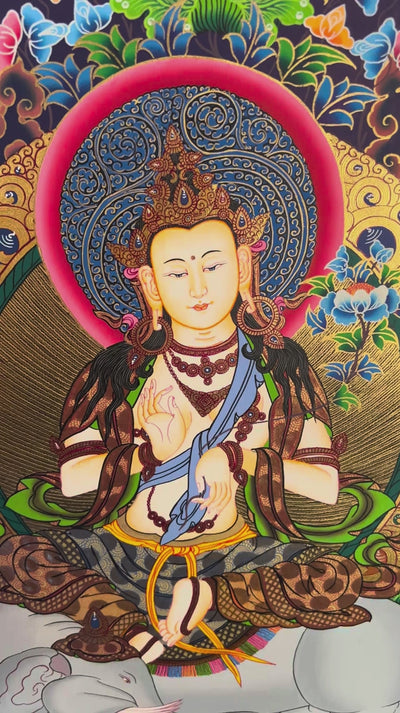 Hand painted Fusen Fusa Thangka painting depicting Samantabhadra Bodhisattva seated on a white elephant in traditional Nepalese Buddhist art