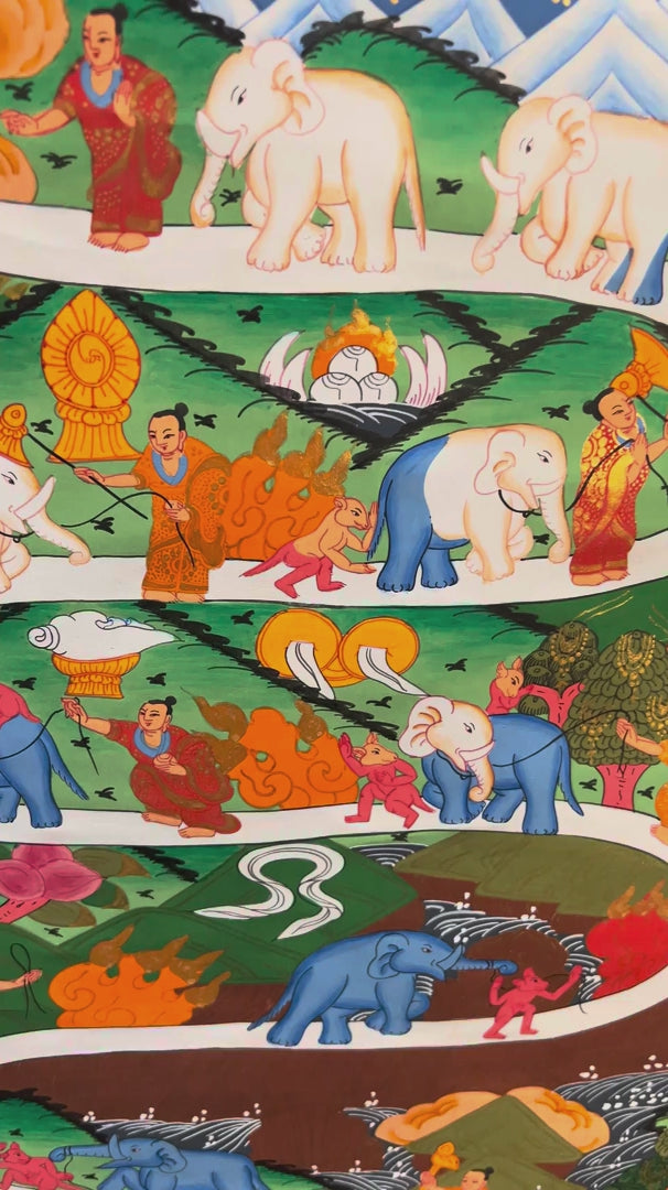 Way to Heaven Thangka painting featuring elephants, celestial figures, and a winding white path through a colorful Himalayan landscape, 60 x 45 cm