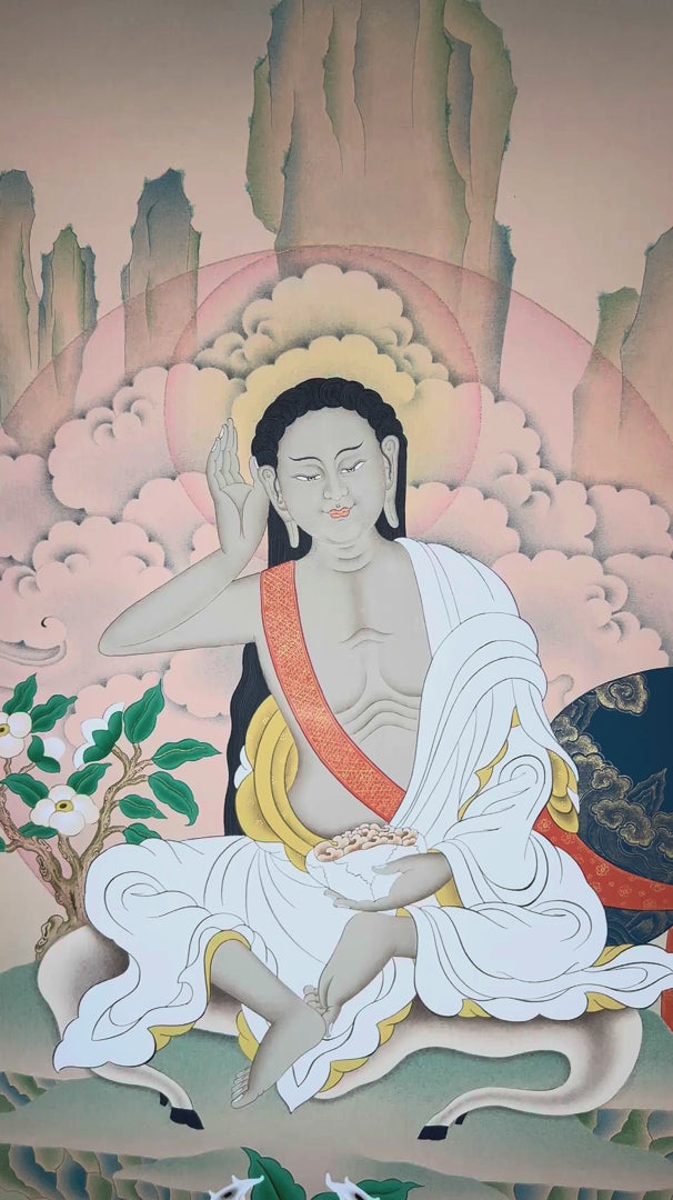 Milarepa thangka featuring the Tibetan Buddhist yogi seated in meditation with traditional listening gesture in a Himalayan landscape