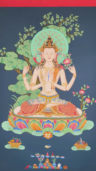 Hand-painted Chenrezig thangka featuring the four-armed Avalokiteshvara seated on a lotus throne with mala beads and lotus flower against a deep blue background