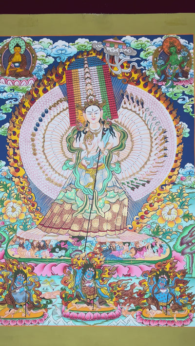 Hand-painted Dukkar thangka featuring the Tibetan Buddhist White Umbrella Goddess with multiple arms surrounded by sacred flames, celestial Buddhas, and protective symbolism