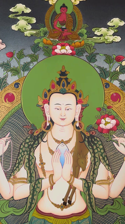 Chenrezig thangka featuring the four-armed Bodhisattva of Compassion seated on a lotus throne surrounded by sacred Buddhist figures and Himalayan scenery
