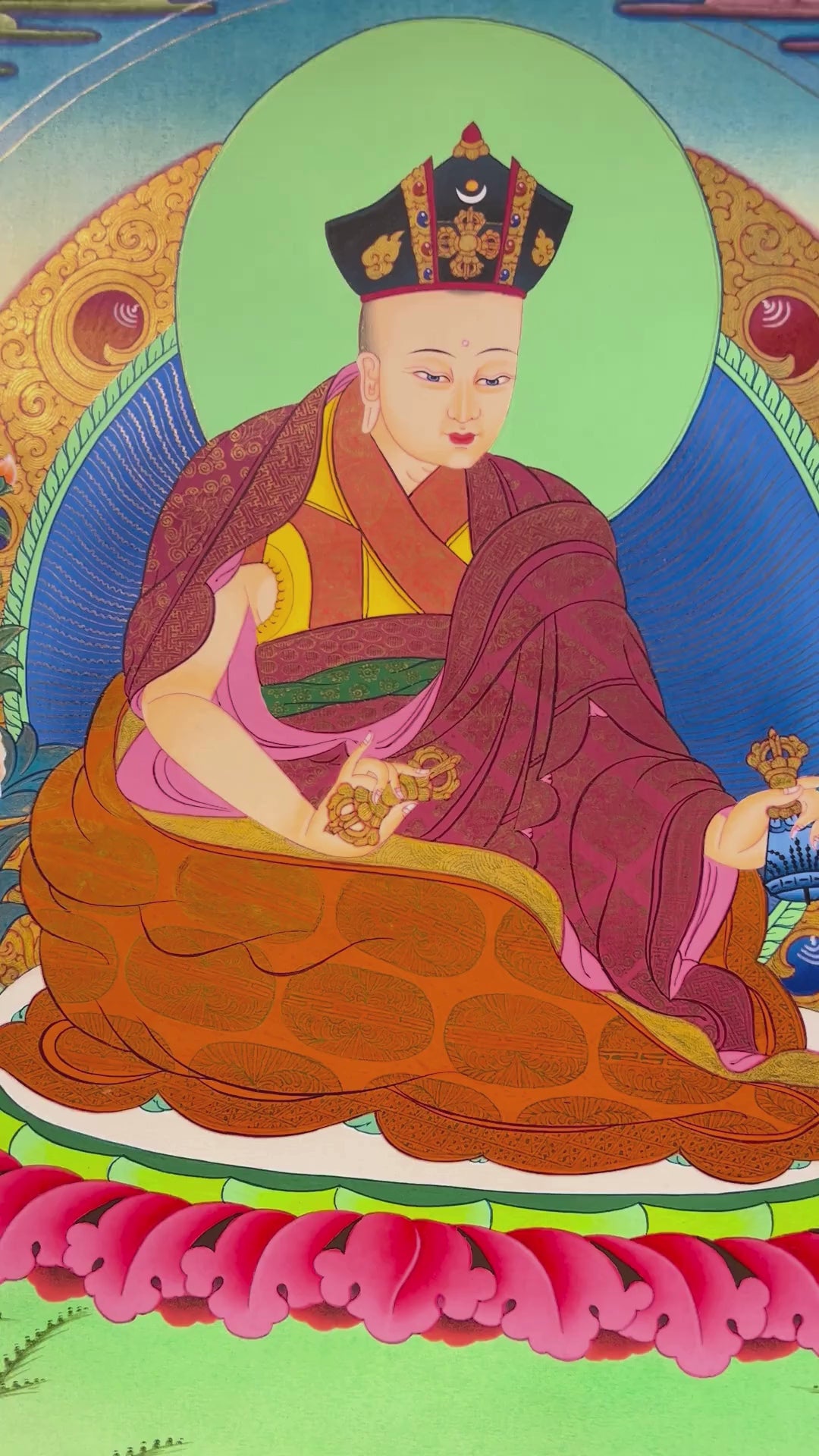 Sixteen Karmapas Tibetan Buddhist thangka set featuring lineage masters seated on lotus thrones with traditional Himalayan landscapes and gold detailing