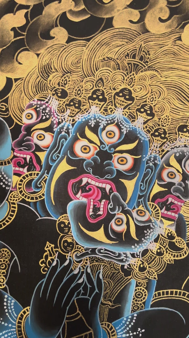 Hand-painted Gold-on-Black Vajrakilaya Thangka depicting the three-faced multi-armed wrathful yidam with genuine gold detailing in traditional Tibetan Nakthang style.