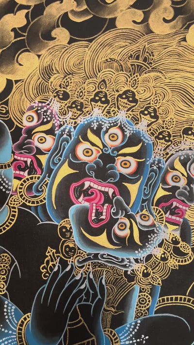 Hand-painted Gold-on-Black Vajrakilaya Thangka depicting the three-faced multi-armed wrathful yidam with genuine gold detailing in traditional Tibetan Nakthang style.