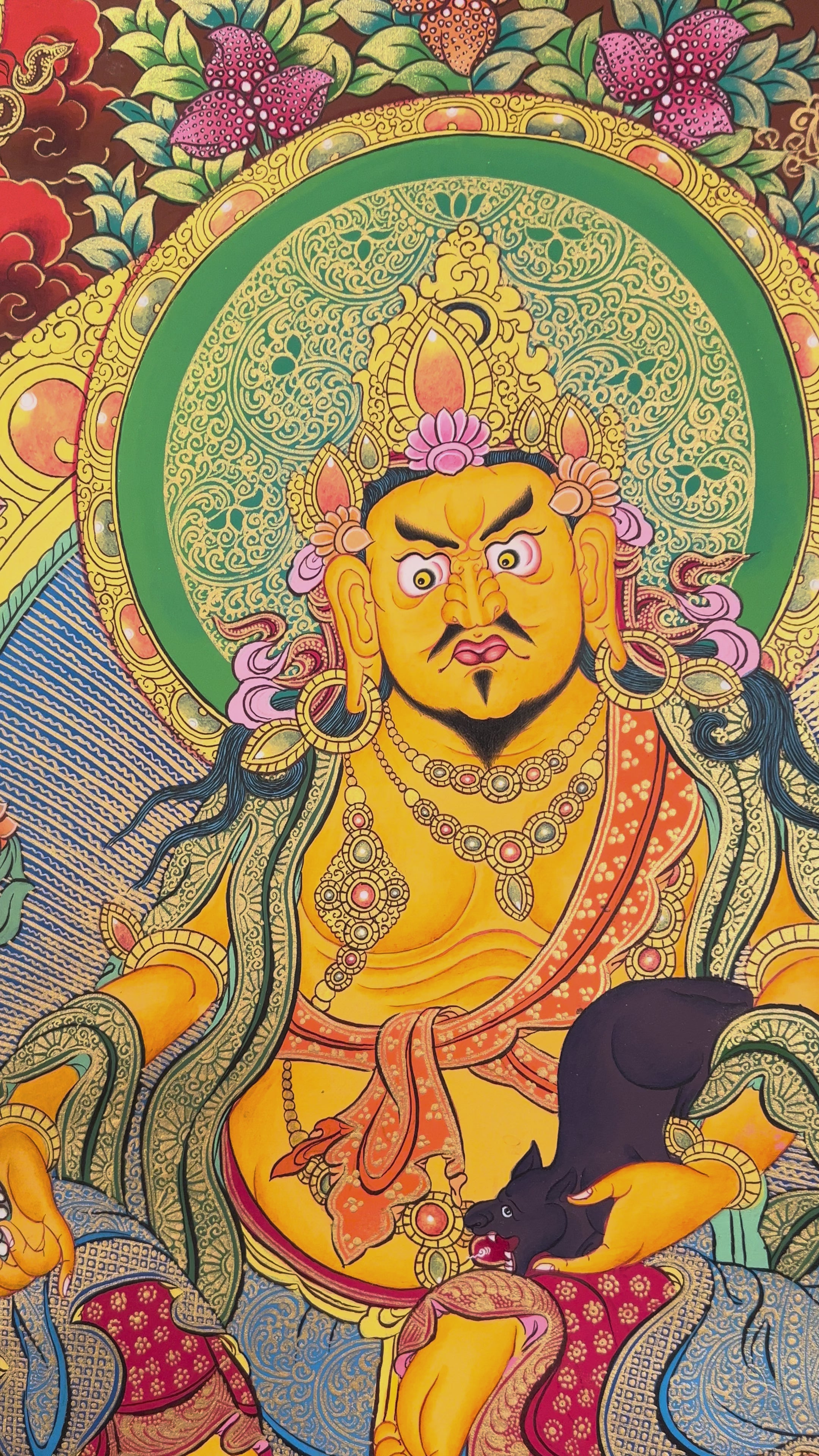 Hand-painted thangka of the 5 Zambhalas, featuring Yellow Zambhala in the center surrounded by White, Black, Red, and Green wealth deities on a vibrant background.