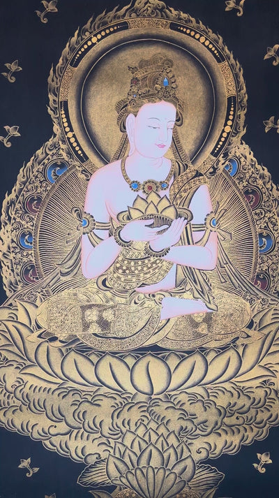 Hand-painted Japanese Buddha thangka in gold on black canvas featuring a serene Buddha seated on a lotus throne holding a lotus flower