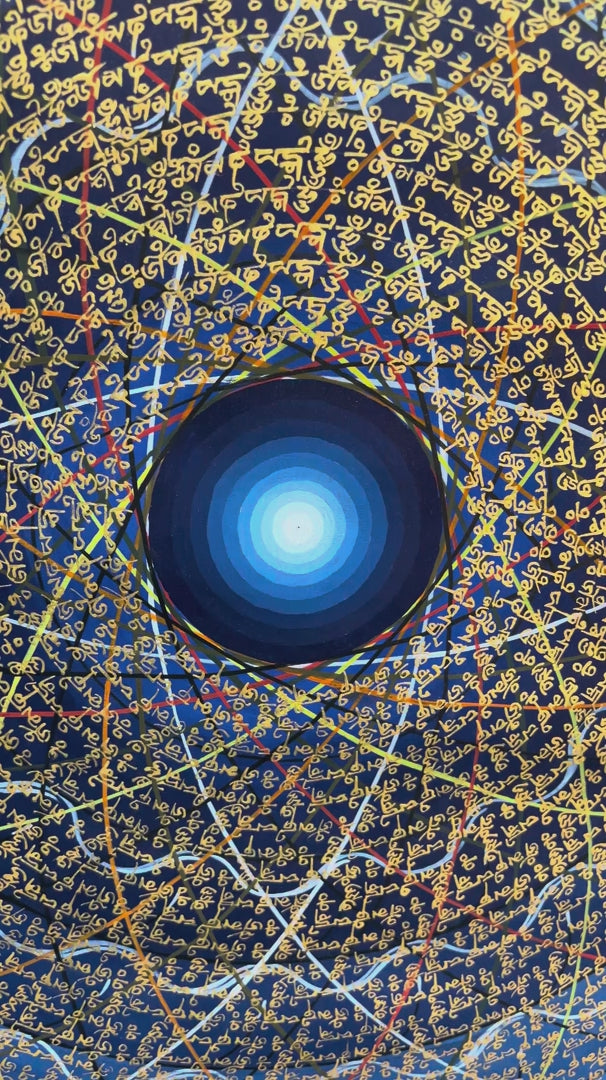 Cosmos Mandala Thangka painting in blue and gold with intricate concentric sacred lettering and a radiant central design, 100 x 100 cm