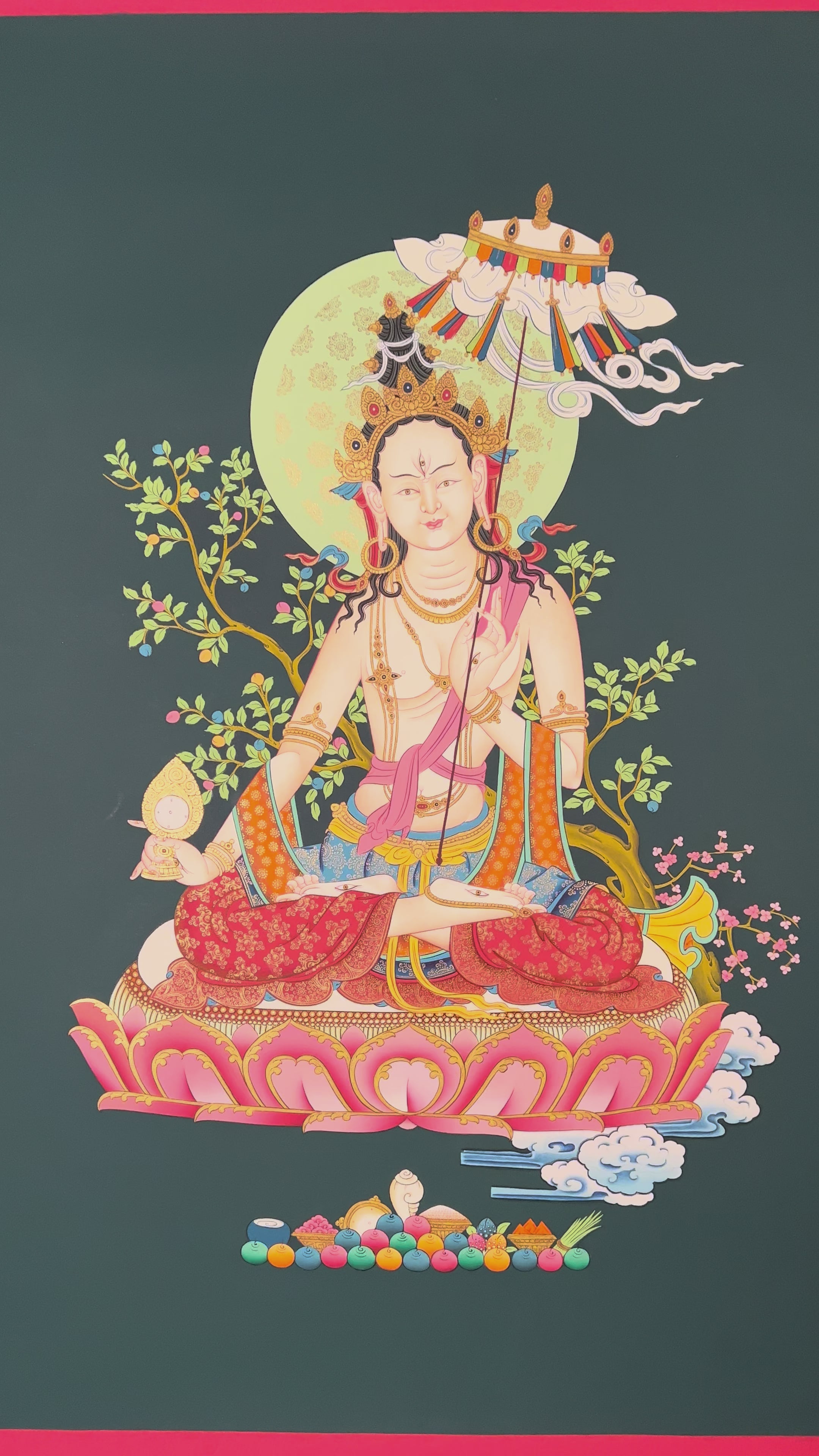 Dhukkar Ushnisha White Dzambhala Thangka hand-painted Tibetan Buddhist wealth deity holding mongoose and treasure vase on lotus throne