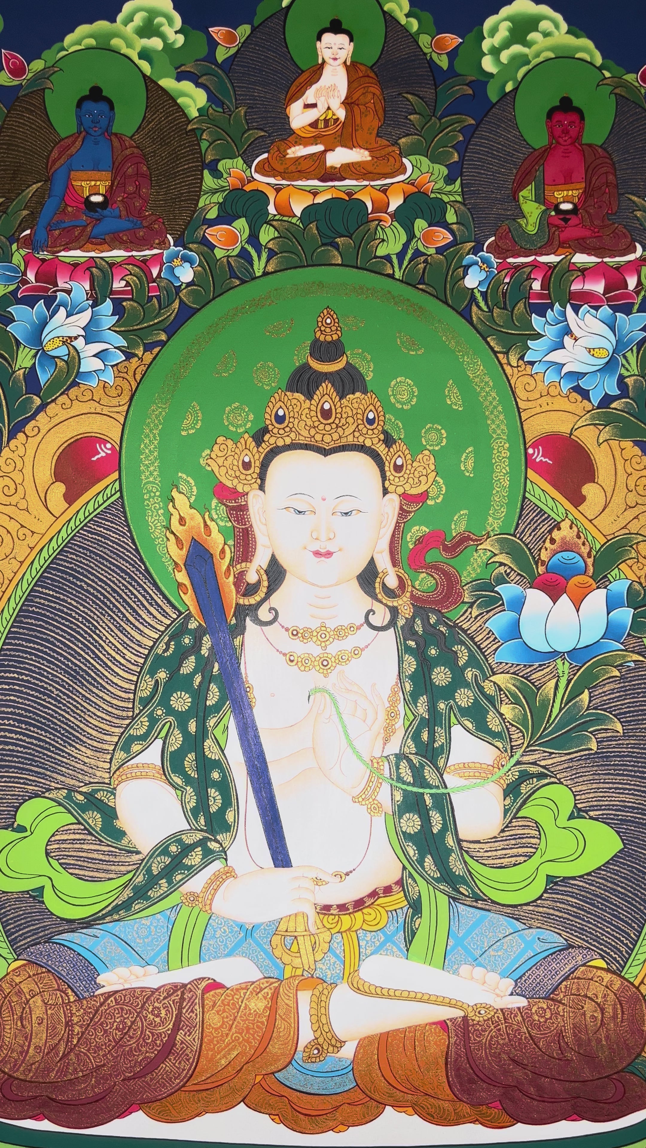 Hand-painted Akash Garva Tibetan thangka featuring the Buddhist wisdom bodhisattva seated on a lotus throne with sacred sword and celestial Buddhas